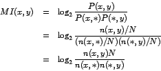 \begin{eqnarray*}MI(x,y) & = & \log_2 \frac{P(x,y)}{P(x,*) P(*,y)} \\
& = & \lo...
...,*)/N)(n(*,y)/N)}\\
& = & \log_2 \frac{n(x,y) N}{n(x,*) n(*,y)}
\end{eqnarray*}